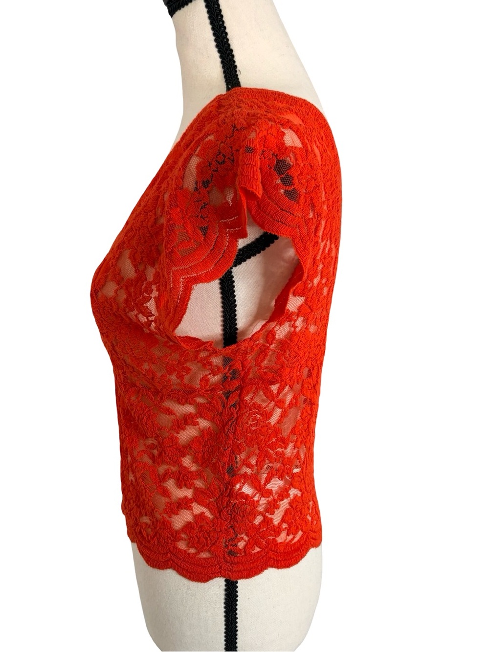 Zara Red Floral Lace Sheer Top Scalloped Stretch Blouse L - Picture 2 of 10